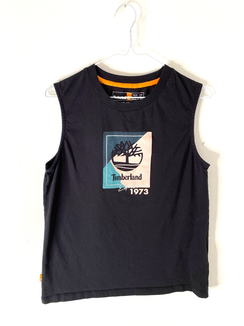 Timberland Black Graphic Tank Top Regular Fit Square Logo Print Organic Cotton